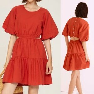 Madewell Seersucker Puff-Sleeve Cutout Mini Dress Red Size Large L Red